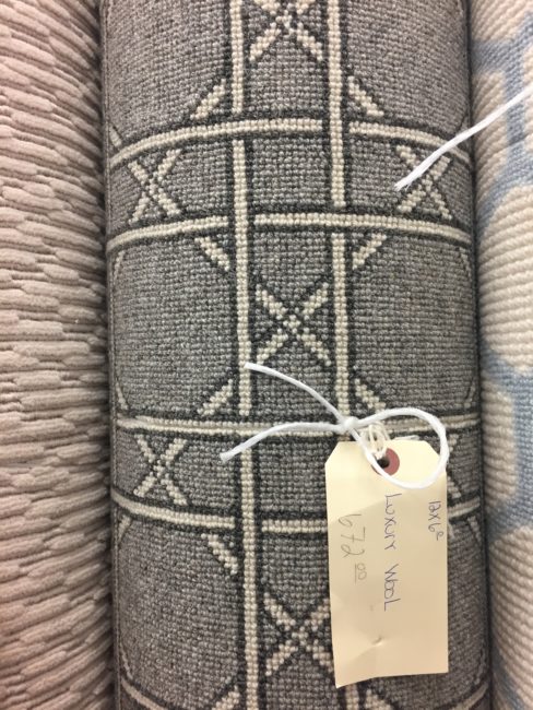 The Carpet Workroom luxury wool carpet remnant for sale. Gray with white pattern
