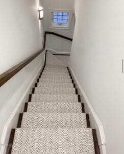 Cat Island carpet flat woven wool custom stair runner installed by The Carpet Workroom