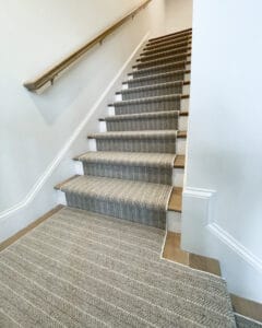 Prestige Mills Kimi in Silver wilton wool herringbone stripe carpet custom stair runner installation by The Carpet Workroom