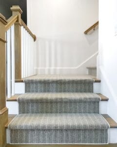Prestige Mills Kimi in Silver wilton wool herringbone stripe carpet custom stair runner installation by The Carpet Workroom