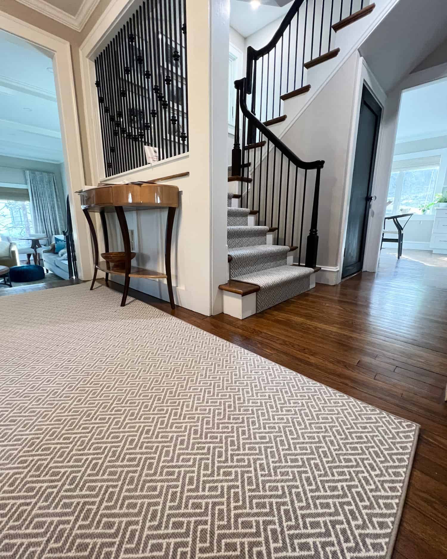 Custom area rug with custom cut against wall