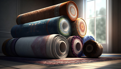 Stack of wool carpets and synthetic carpets