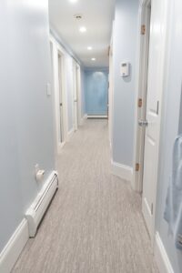 basement with a neutral color wall-to-wall carpet flooring