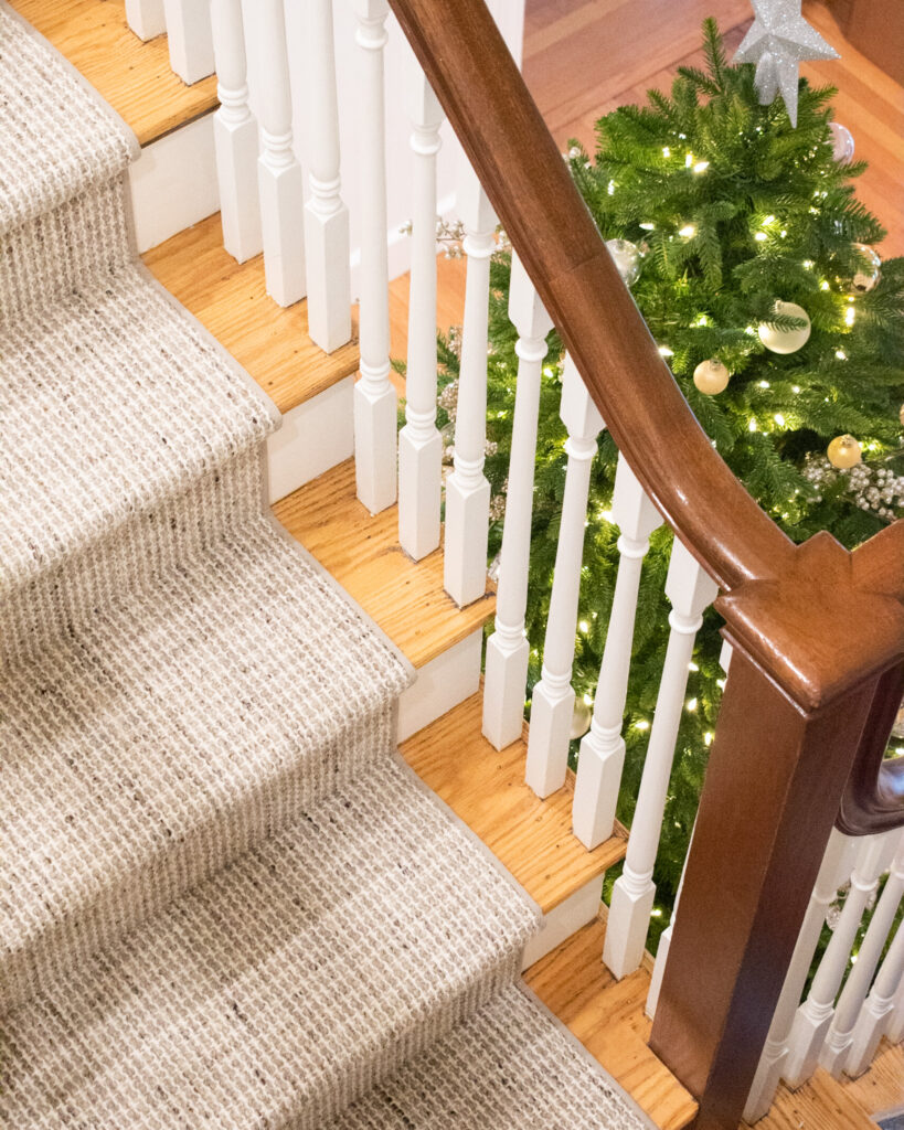 stair runner with Christmas tree back drop.