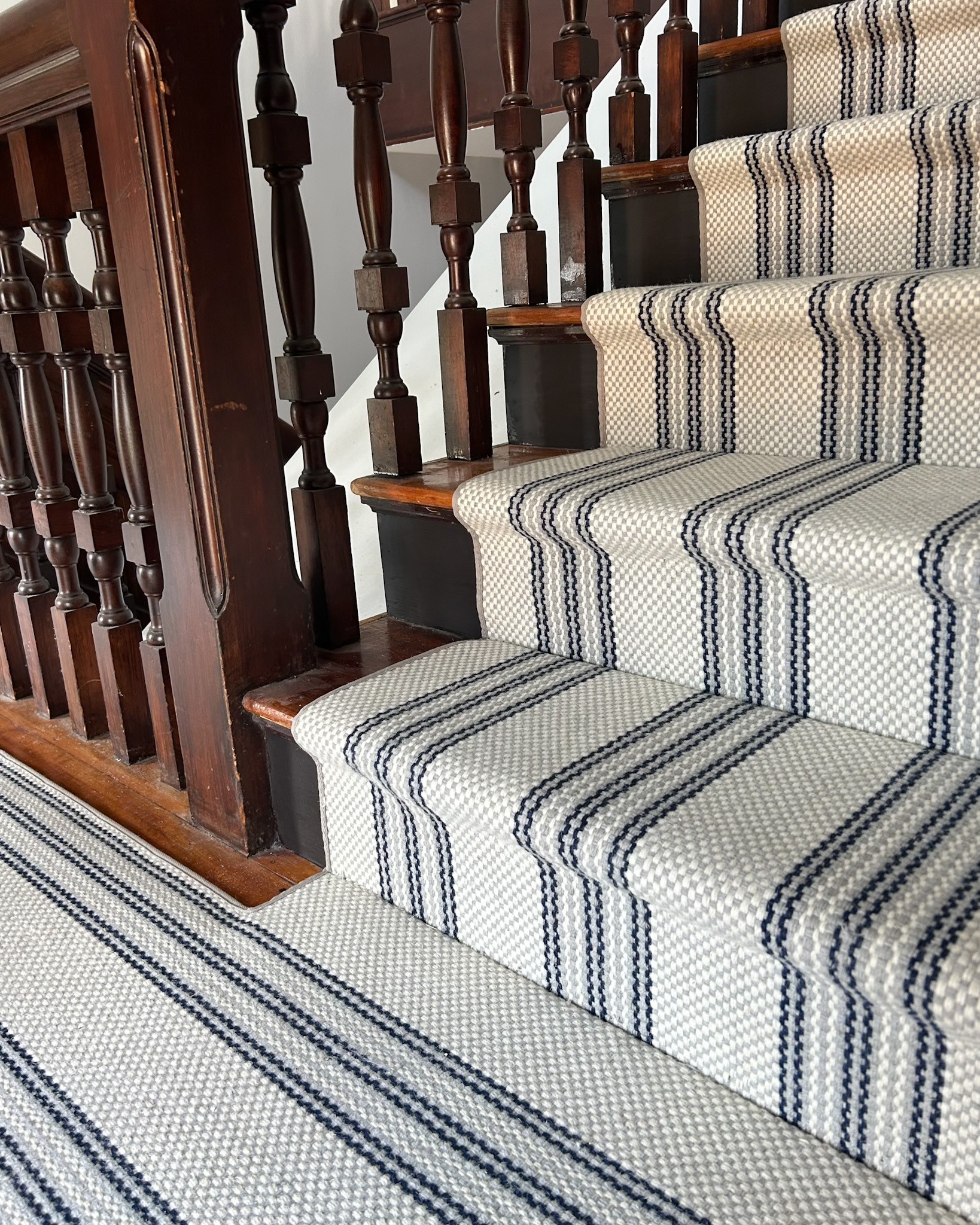 little sorrel stair runner. Stair carpet with blue stripes